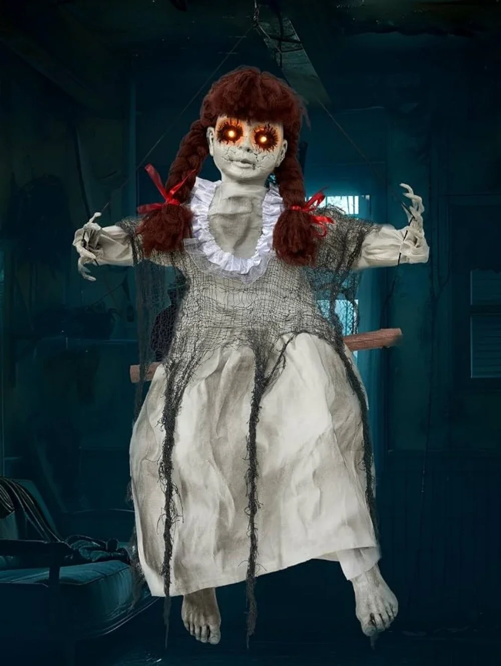 EUC LED Animated Halloween Red Haired Scary Swinging Haunted Zombie Girl!